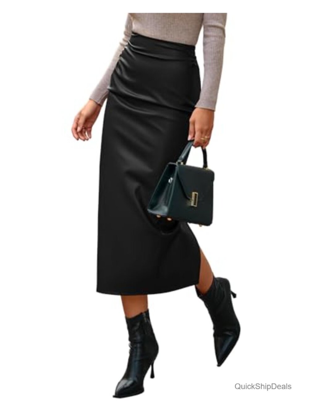 Faux Leather Midi Pencil Skirt High Waisted Business Casual with Back Slit